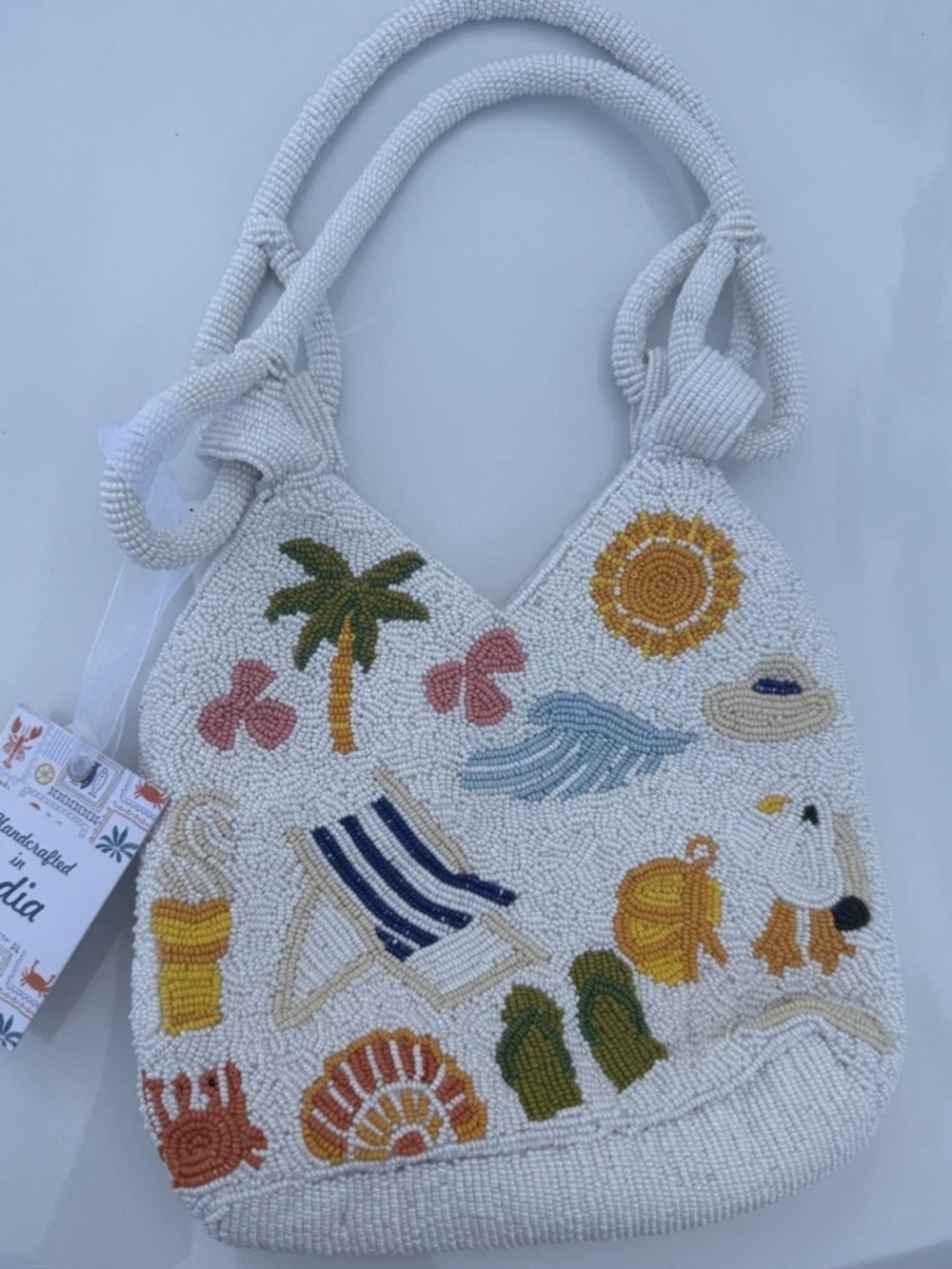 NEW RELEASE Made In India White Beaded Palm Tree Seagull Sun Beach Clutch NWT